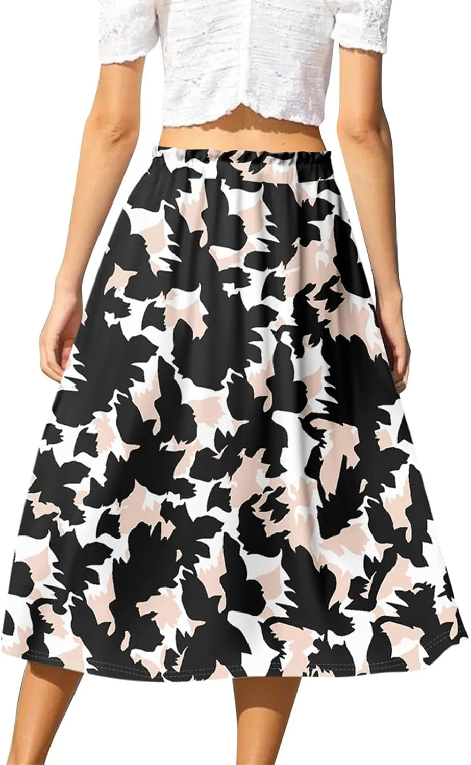 Floral Midi Skirts for Women Summer Drawstring Elastic Waist Knee Length Skirt A Line Ruffle Cute Travel Skirts