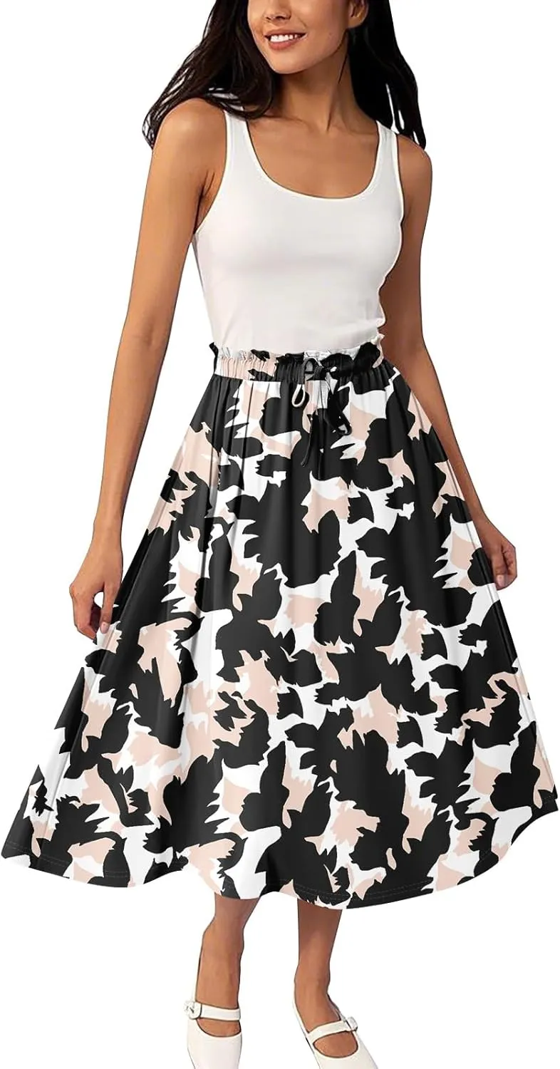 Floral Midi Skirts for Women Summer Drawstring Elastic Waist Knee Length Skirt A Line Ruffle Cute Travel Skirts
