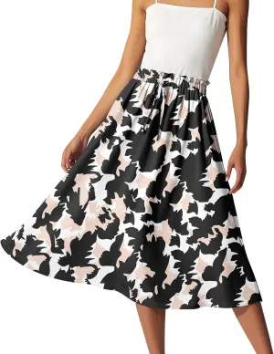 Floral Midi Skirts for Women Summer Drawstring Elastic Waist Knee Length Skirt A Line Ruffle Cute Travel Skirts