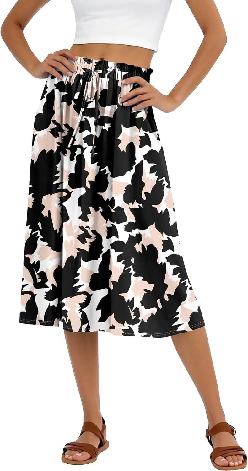 Floral Midi Skirts for Women Summer Drawstring Elastic Waist Knee Length Skirt A Line Ruffle Cute Travel Skirts