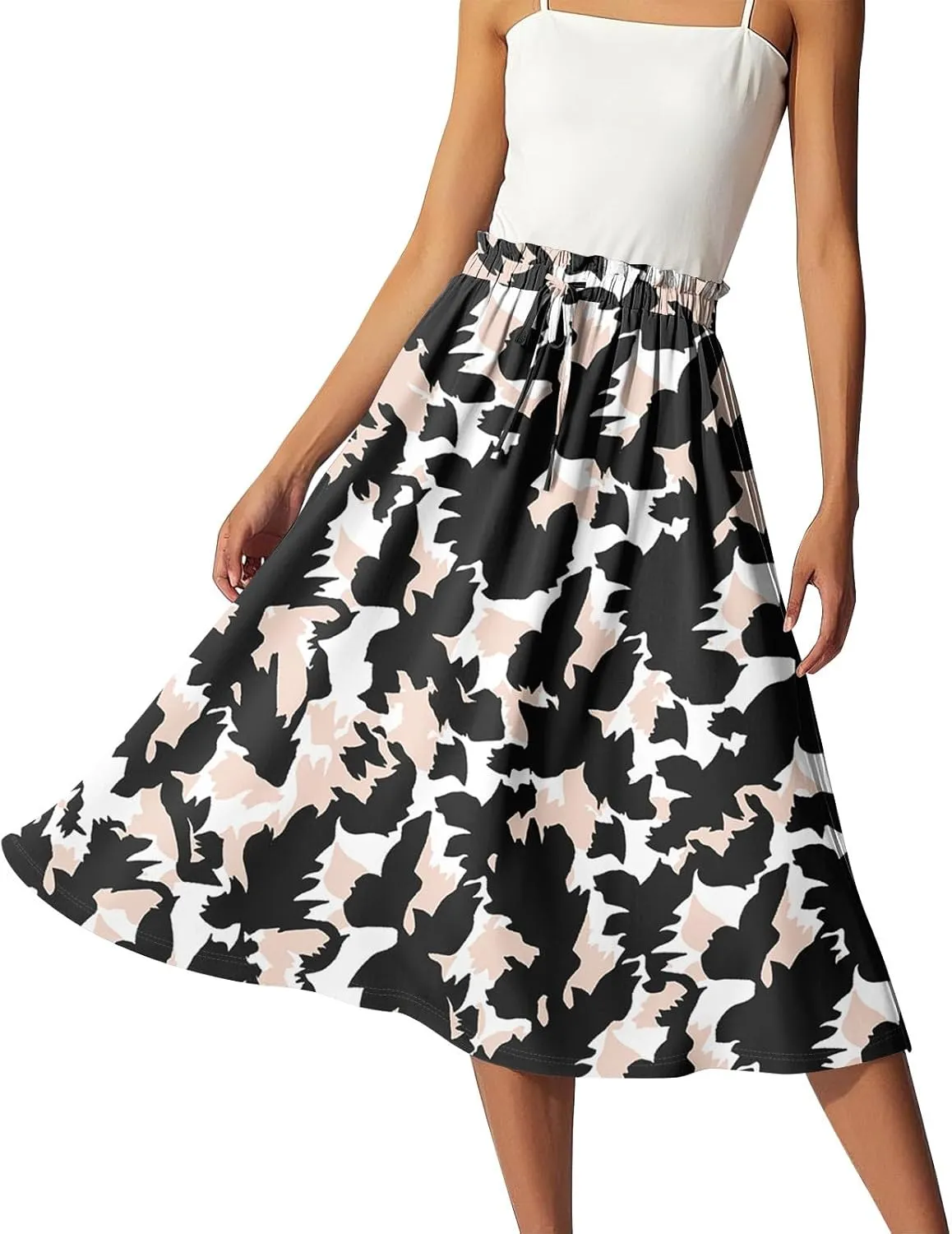 Floral Midi Skirts for Women Summer Drawstring Elastic Waist Knee Length Skirt A Line Ruffle Cute Travel Skirts