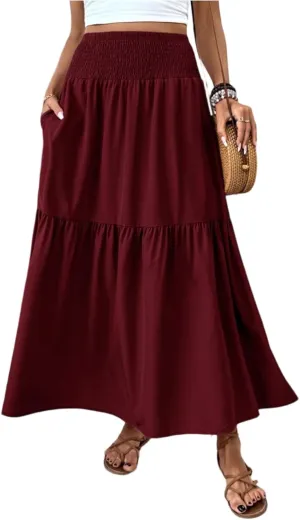 Floral Skirts for Women Summer Loose Casual Trendy Solid Elastic Waist Lightweight Boho Flowy Maxi Skirt, S-XL