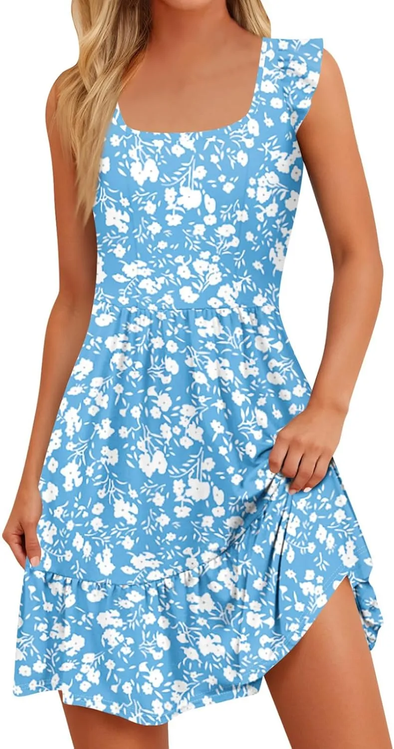 Floral Sundresses for Women 2025 Casual Sleeveless Ruffle Midi Dress Summer Square Neck Boho Tiered Flowy Beach Dress