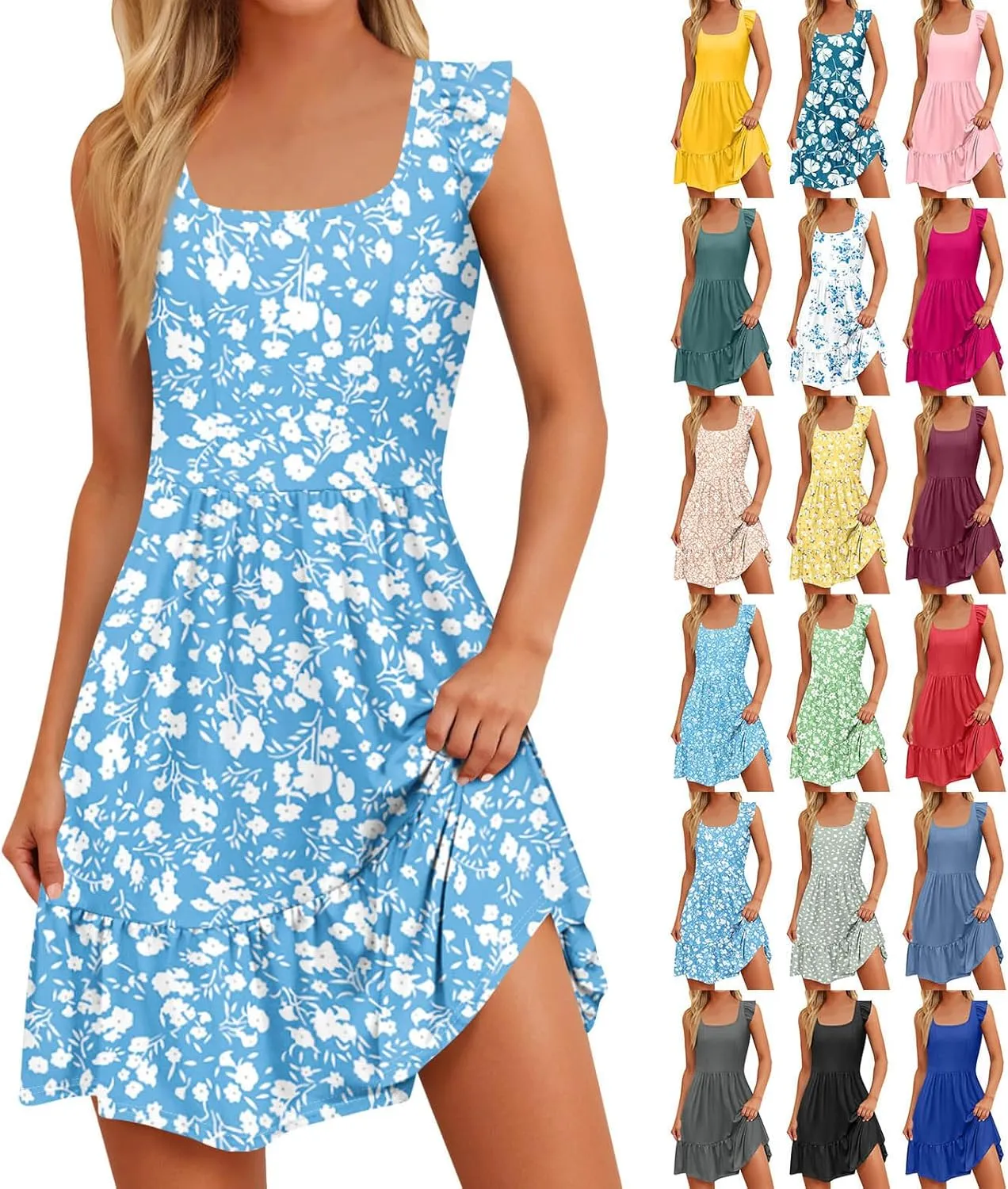 Floral Sundresses for Women 2025 Casual Sleeveless Ruffle Midi Dress Summer Square Neck Boho Tiered Flowy Beach Dress