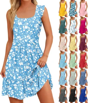 Floral Sundresses for Women 2025 Casual Sleeveless Ruffle Midi Dress Summer Square Neck Boho Tiered Flowy Beach Dress