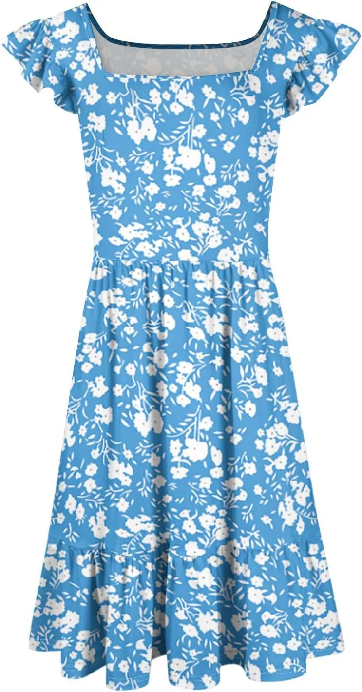 Floral Sundresses for Women 2025 Casual Sleeveless Ruffle Midi Dress Summer Square Neck Boho Tiered Flowy Beach Dress