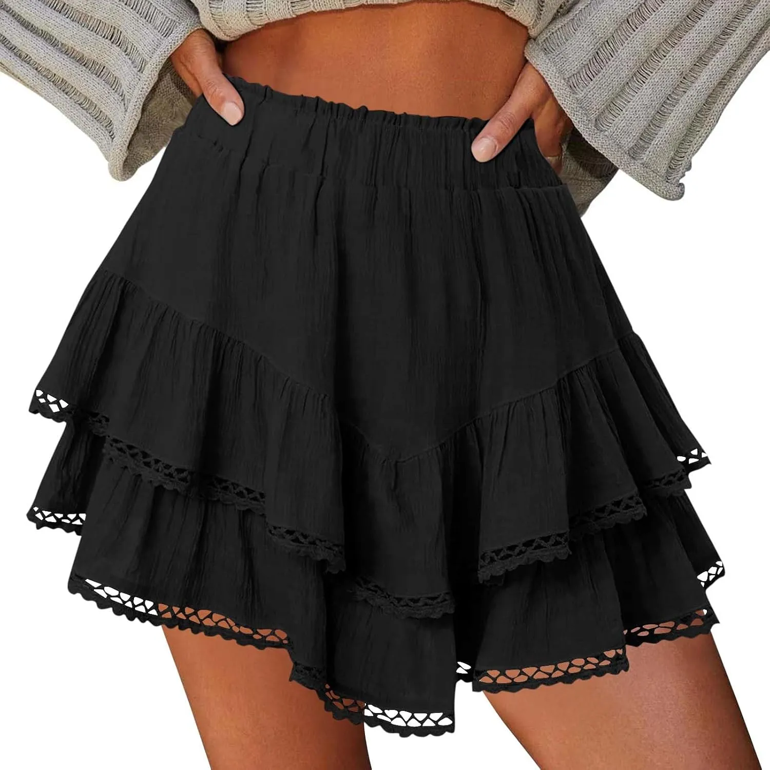 Flowy Shorts for Women Summer Casual Boho Ruffle Tiered Skorts High Waist Mini Skirts Golf Tennis Lace Crochet Shorts