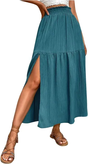Flowy Skirts for Women Elastic High Waist Ruffle Split Tiered Long Skirts Pleated Casual Summer Beach Bohemian Skirt