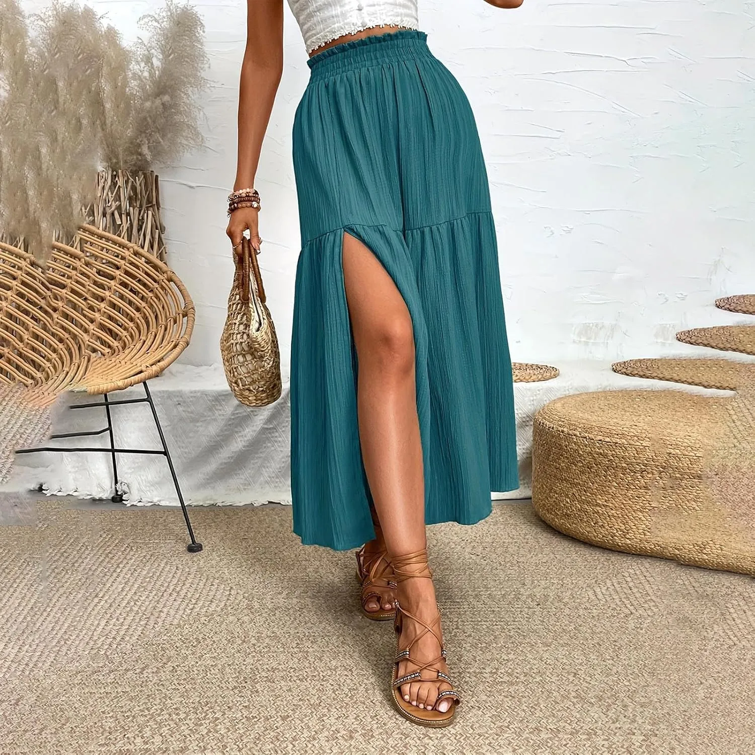 Flowy Skirts for Women Elastic High Waist Ruffle Split Tiered Long Skirts Pleated Casual Summer Beach Bohemian Skirt