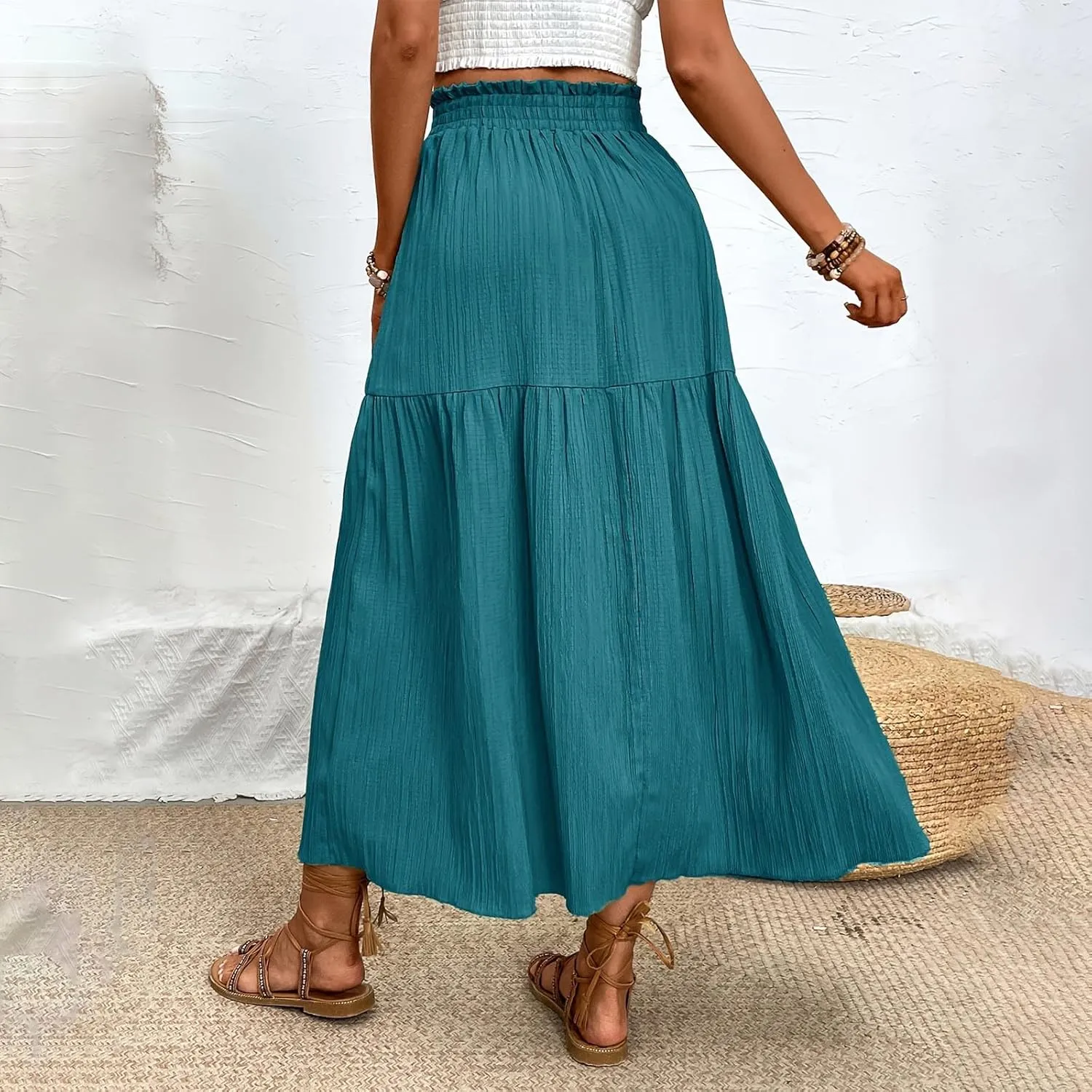 Flowy Skirts for Women Elastic High Waist Ruffle Split Tiered Long Skirts Pleated Casual Summer Beach Bohemian Skirt