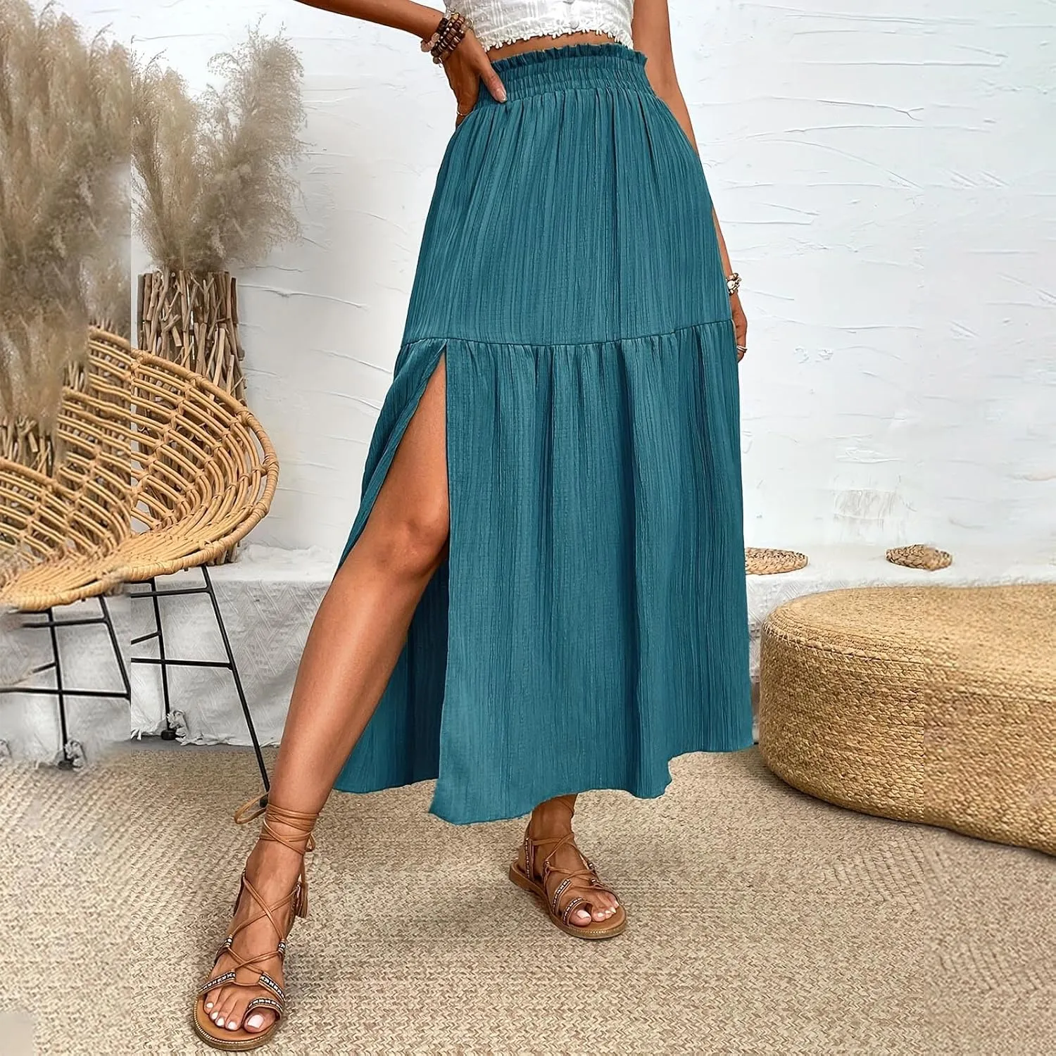 Flowy Skirts for Women Elastic High Waist Ruffle Split Tiered Long Skirts Pleated Casual Summer Beach Bohemian Skirt