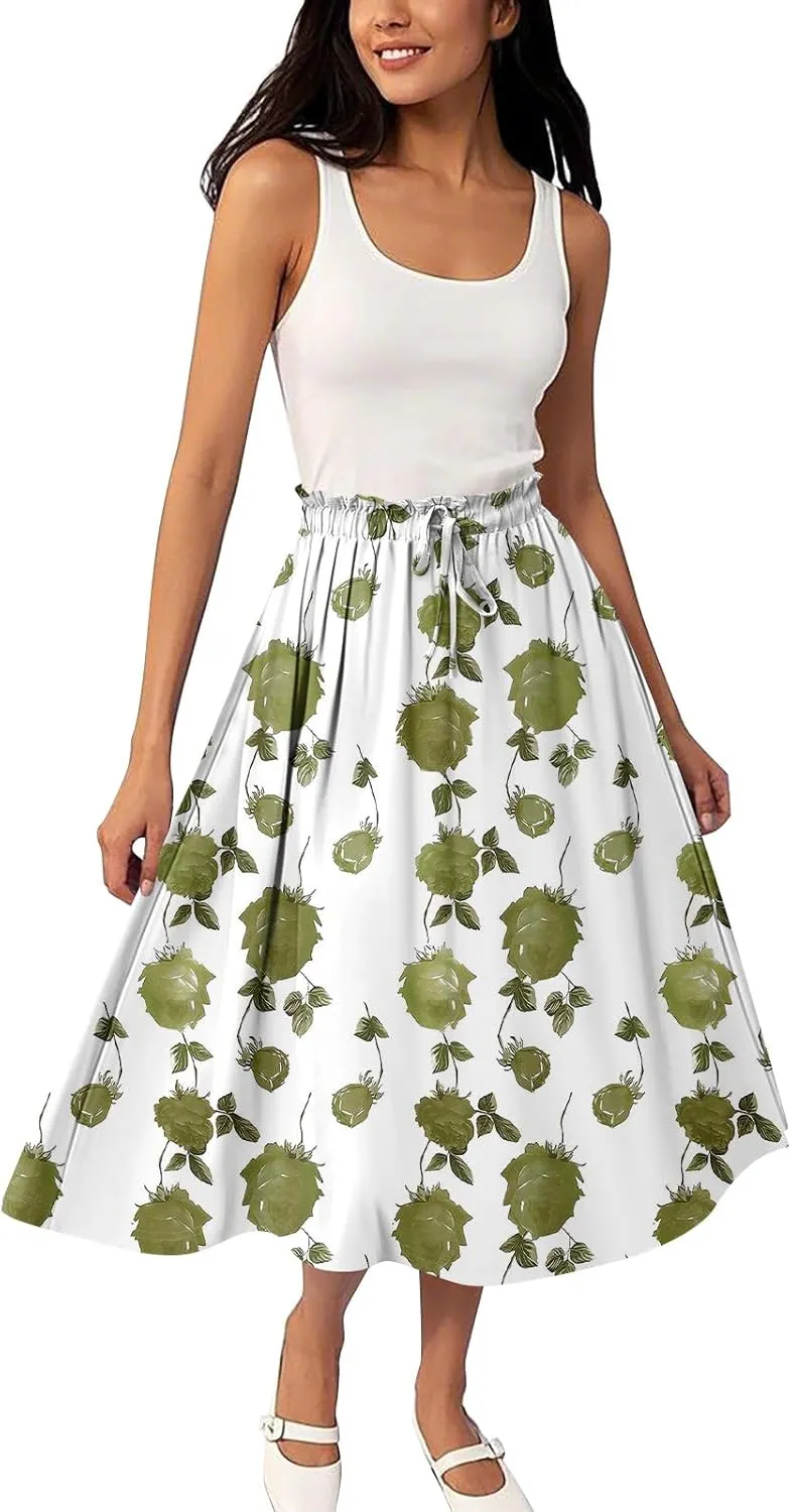 Formal Skirts for Women Summer Drawstring Elastic High Waisted Midi Skirt Boho A Line Pleated Calf Length Skirt