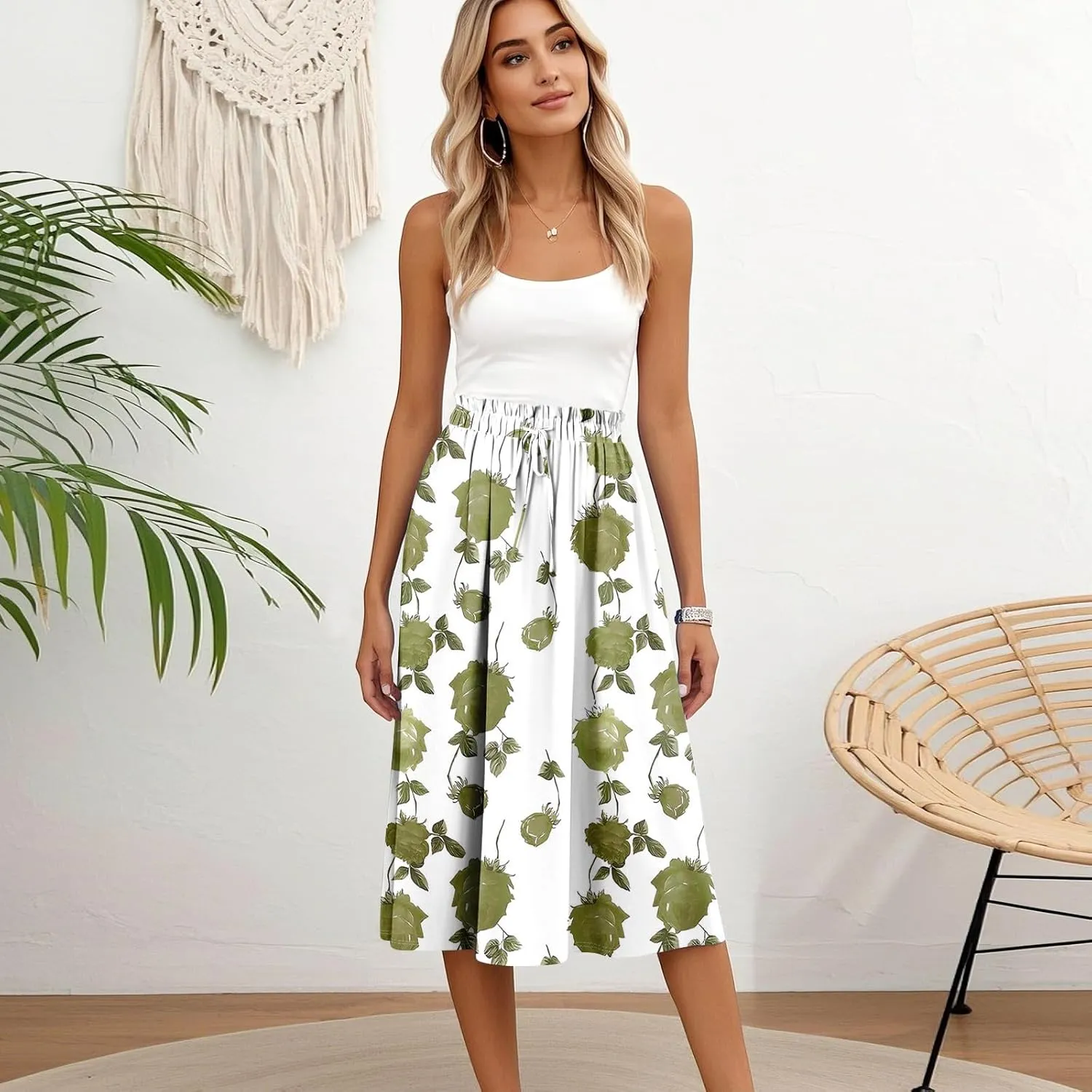 Formal Skirts for Women Summer Drawstring Elastic High Waisted Midi Skirt Boho A Line Pleated Calf Length Skirt
