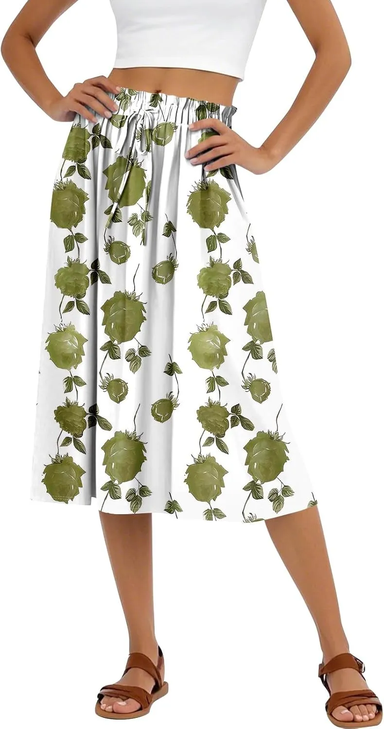 Formal Skirts for Women Summer Drawstring Elastic High Waisted Midi Skirt Boho A Line Pleated Calf Length Skirt