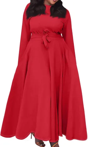 FQZWONG Plus Size Dresses for Curvy Women 2025 Spring Fashion Long Sleeve Maxi Dress Elegant Crewneck Beach Dress with Belt