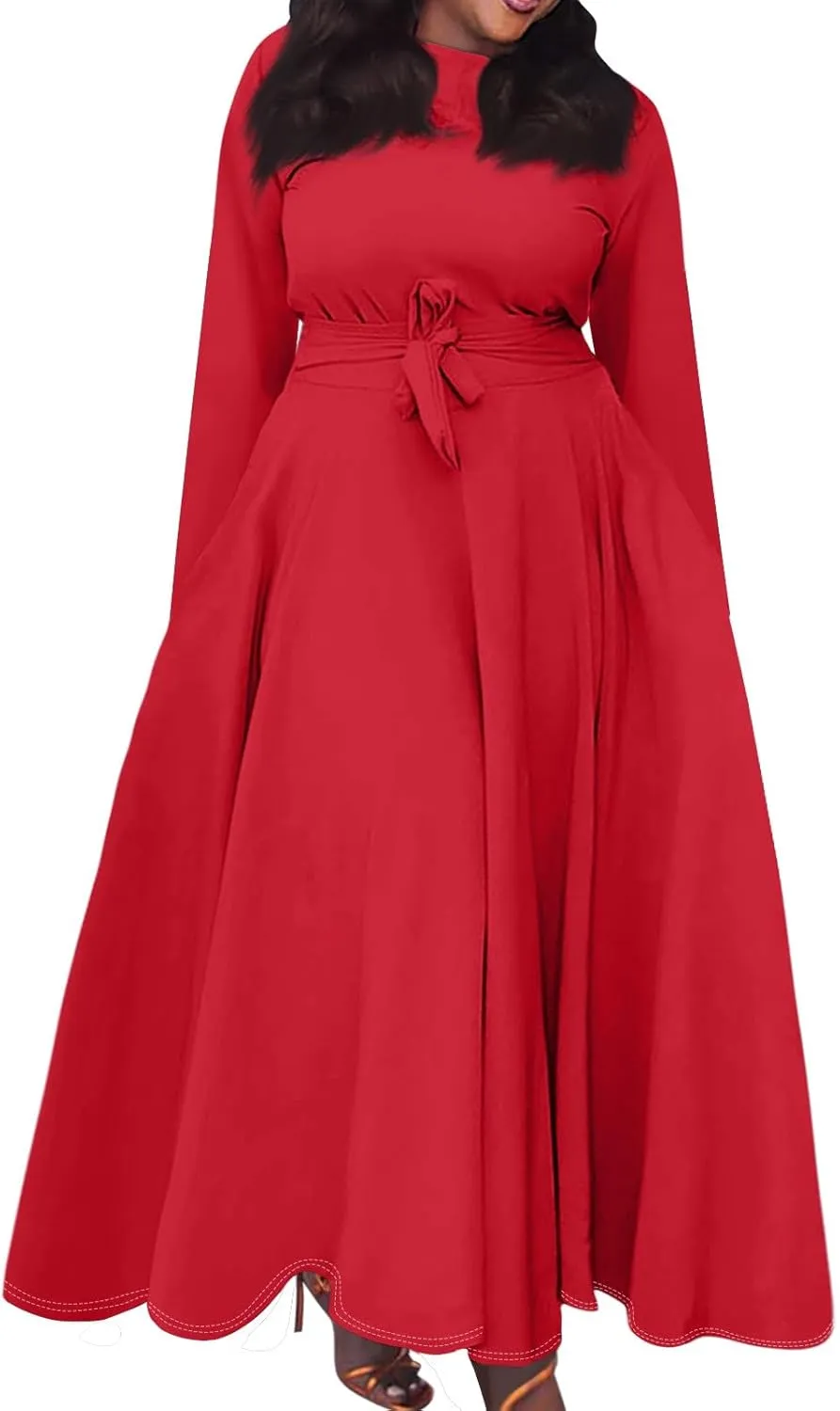 FQZWONG Plus Size Dresses for Curvy Women 2025 Spring Fashion Long Sleeve Maxi Dress Elegant Crewneck Beach Dress with Belt