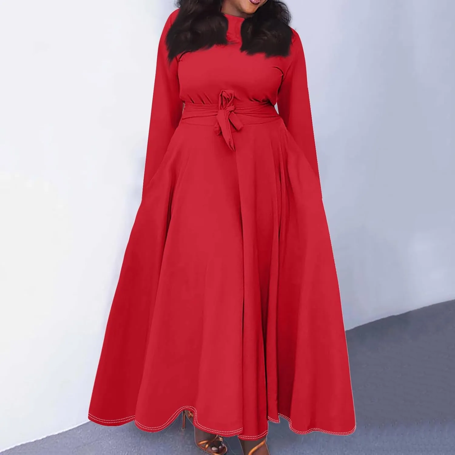 FQZWONG Plus Size Dresses for Curvy Women 2025 Spring Fashion Long Sleeve Maxi Dress Elegant Crewneck Beach Dress with Belt