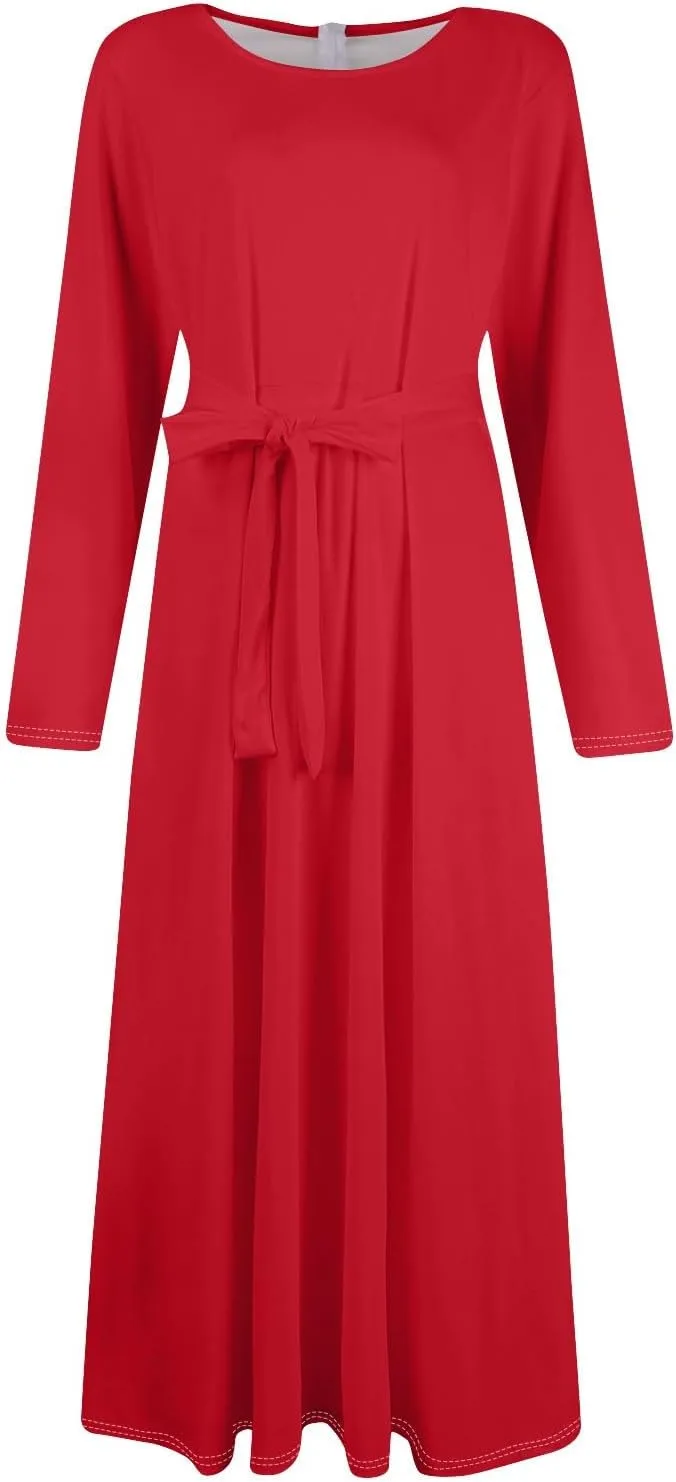 FQZWONG Plus Size Dresses for Curvy Women 2025 Spring Fashion Long Sleeve Maxi Dress Elegant Crewneck Beach Dress with Belt