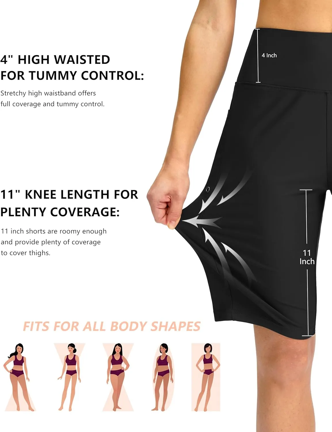 G Gradual Women's 11" Long Swim Board Shorts High Waisted Knee Length Beach Swimming Shorts for Women with Pockets Liner