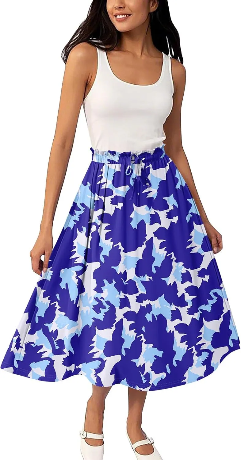 GOFULY Skirts for Women Midi Length Trendy Summer Print A Line Skirt Knee Drawstring Elastic High Waist Smocked Skirt