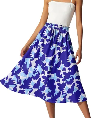 GOFULY Skirts for Women Midi Length Trendy Summer Print A Line Skirt Knee Drawstring Elastic High Waist Smocked Skirt