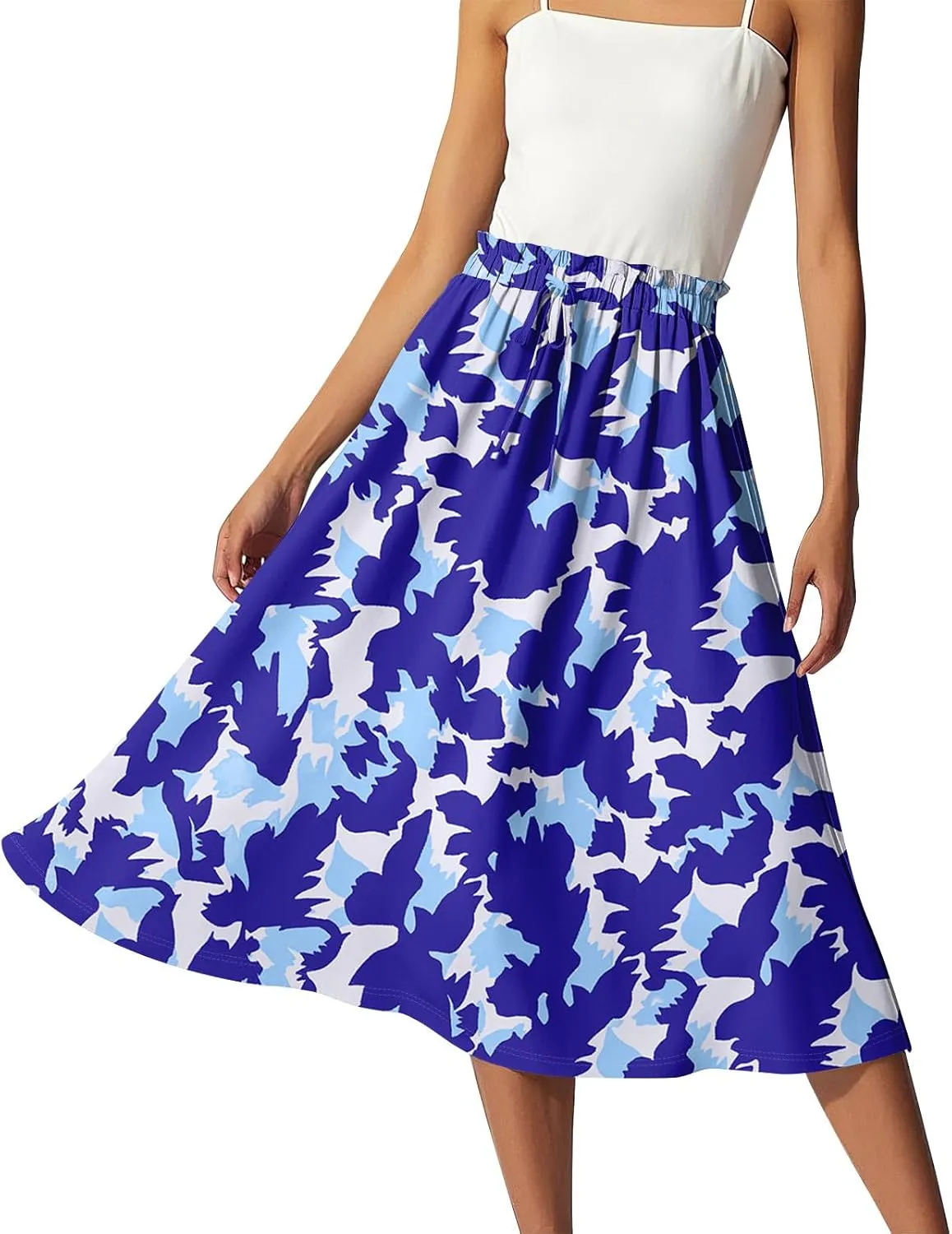 GOFULY Skirts for Women Midi Length Trendy Summer Print A Line Skirt Knee Drawstring Elastic High Waist Smocked Skirt