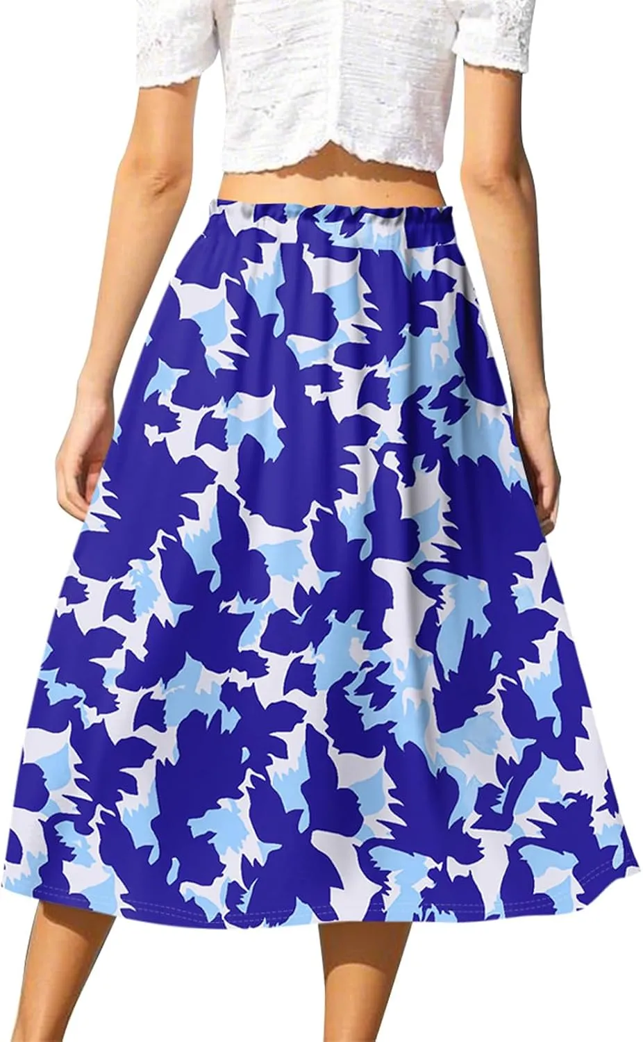 GOFULY Skirts for Women Midi Length Trendy Summer Print A Line Skirt Knee Drawstring Elastic High Waist Smocked Skirt