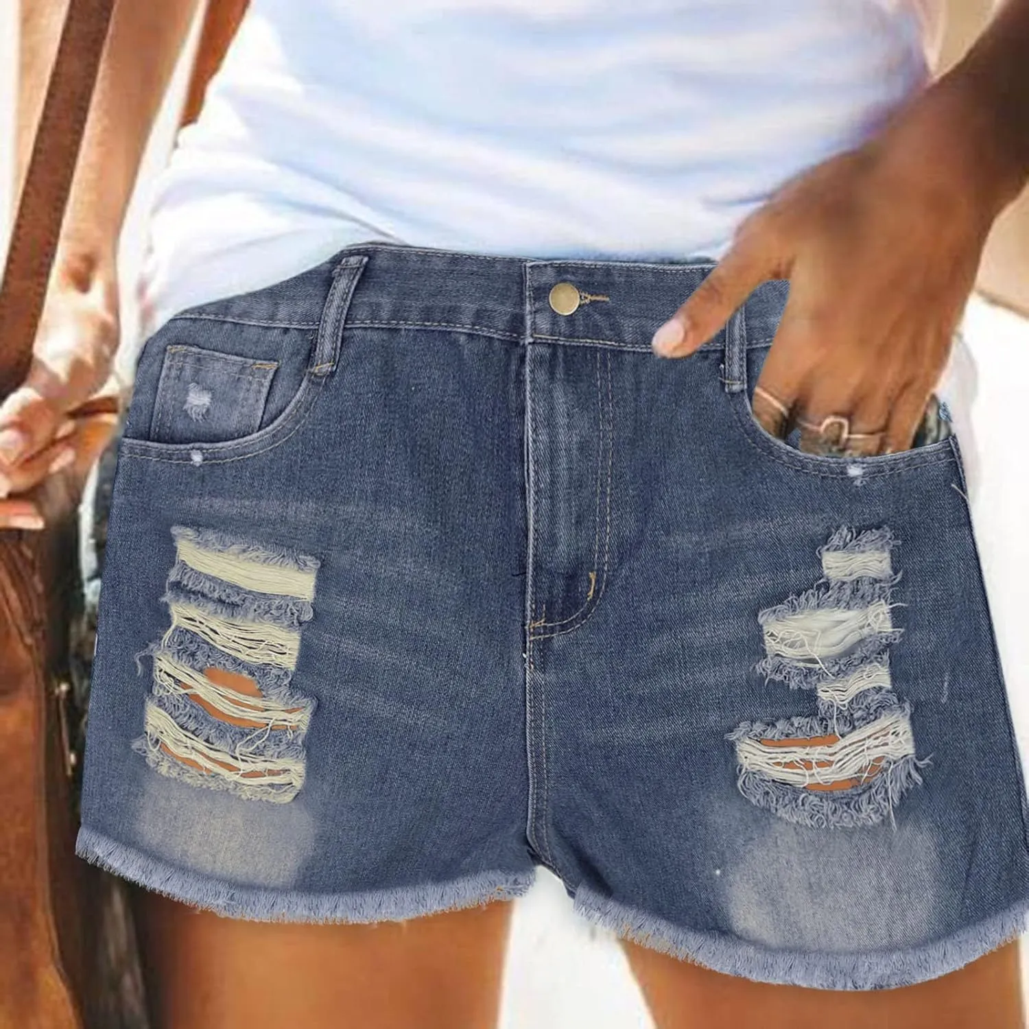 GOKKILRW Womens High Waisted Denim Shorts Casual Ripped Mid Rise Summer Hot Short Jeans Fray Distressed Stretchy Jean Shorts