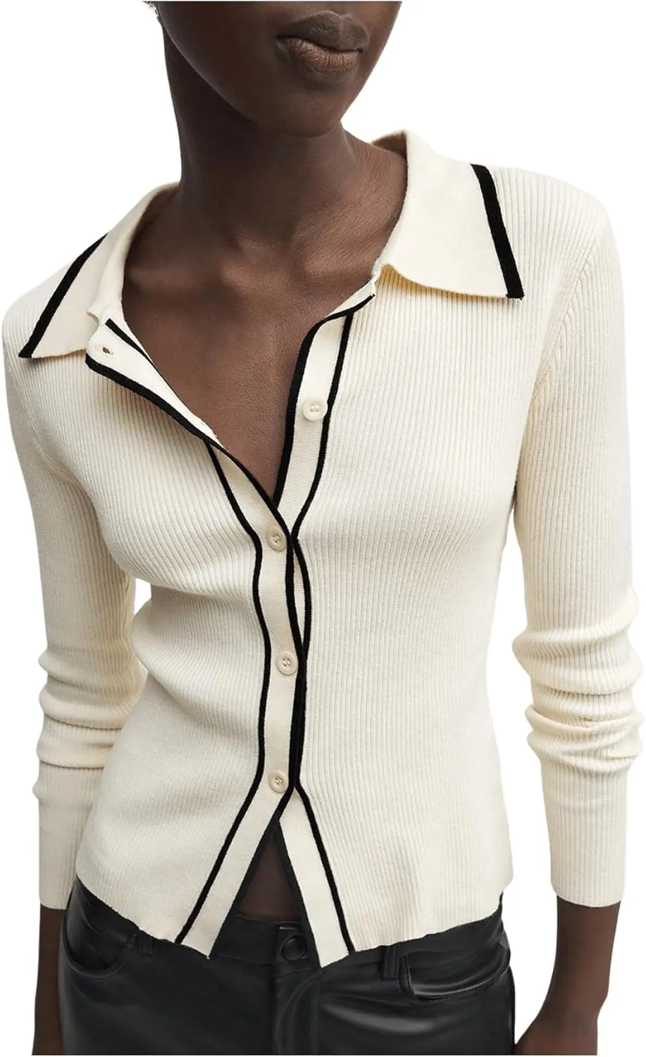 GORGLITTER Women's Contrast Trim Button Down Sweater Cardigan Long Sleeve Collar Rib Knit Tops