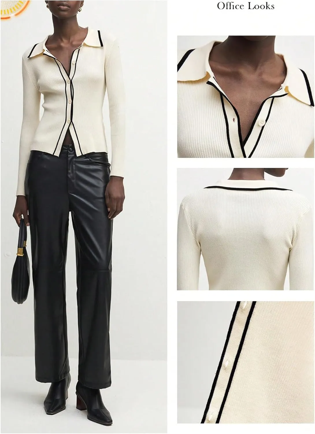 GORGLITTER Women's Contrast Trim Button Down Sweater Cardigan Long Sleeve Collar Rib Knit Tops