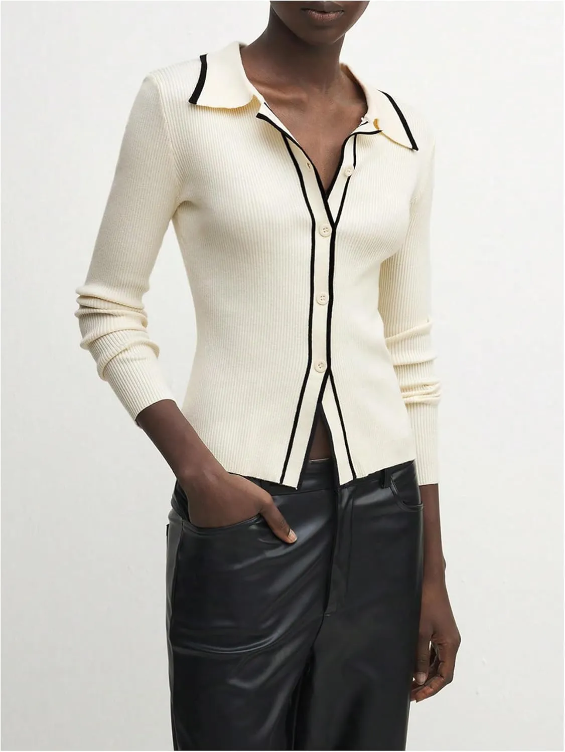 GORGLITTER Women's Contrast Trim Button Down Sweater Cardigan Long Sleeve Collar Rib Knit Tops