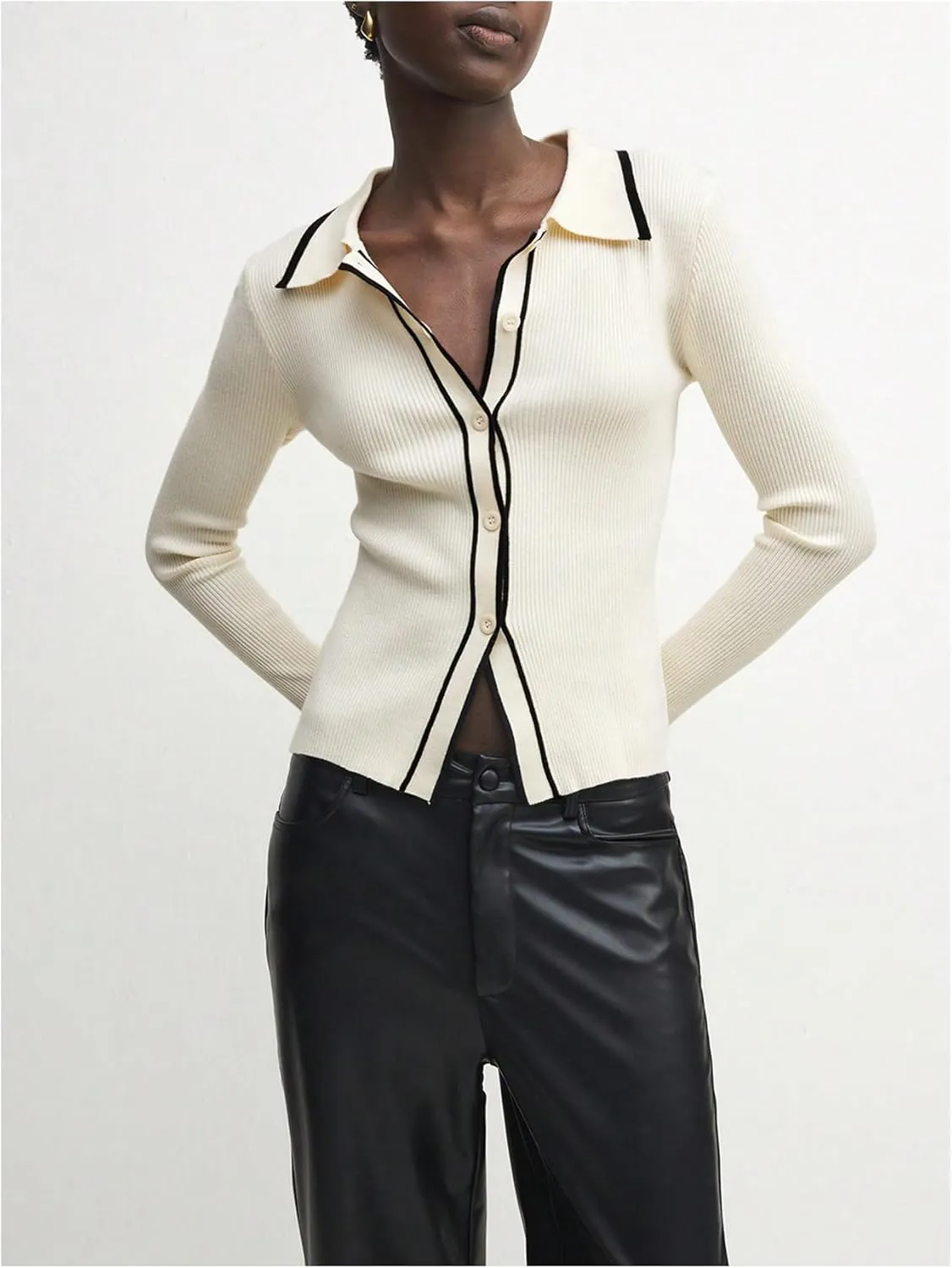 GORGLITTER Women's Contrast Trim Button Down Sweater Cardigan Long Sleeve Collar Rib Knit Tops