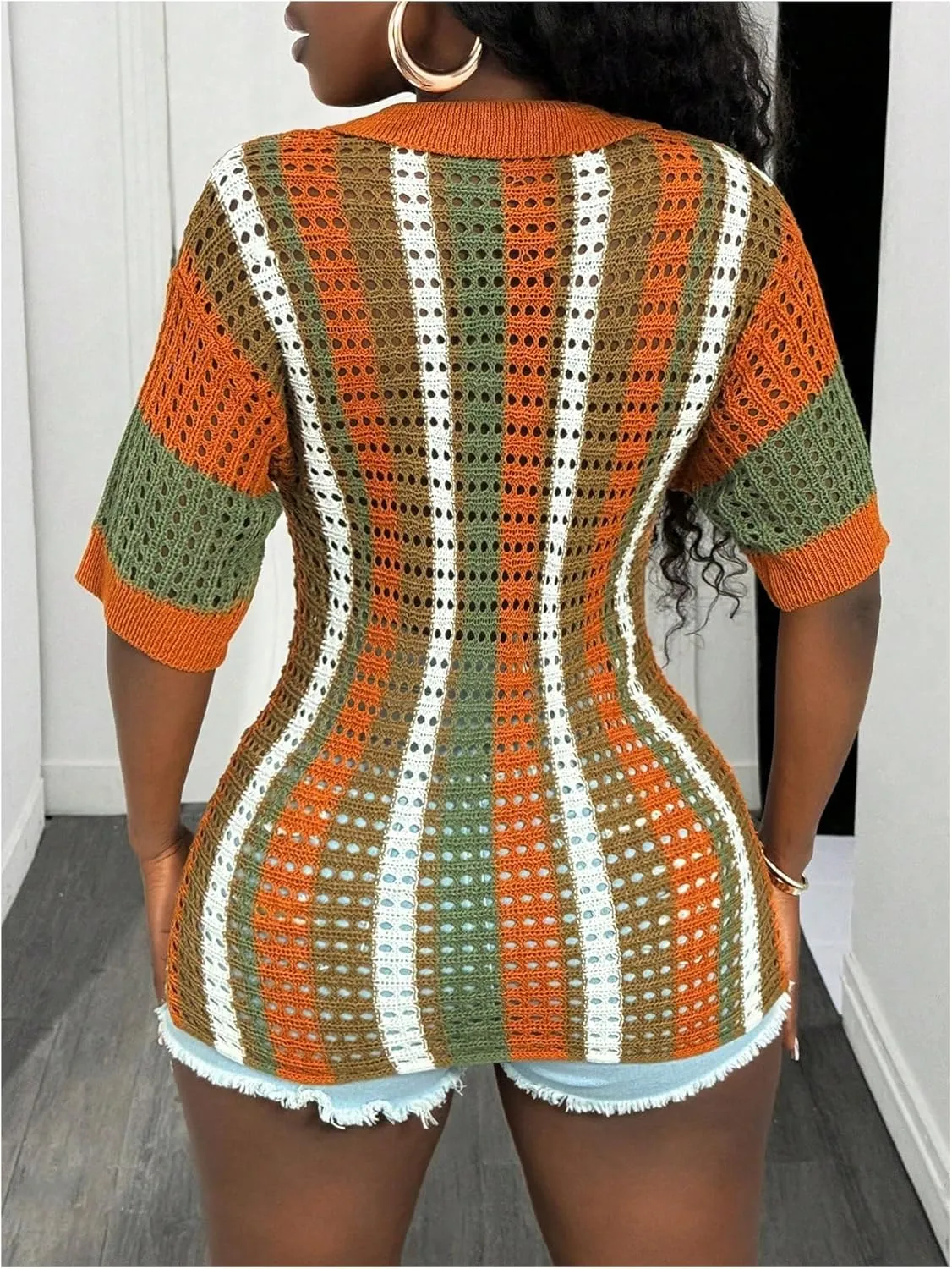 GORGLITTER Women's Crochet Short Sleeve Tops Dressy Color Block Striped Button Up Summer Lightweight Cardigan Sweater