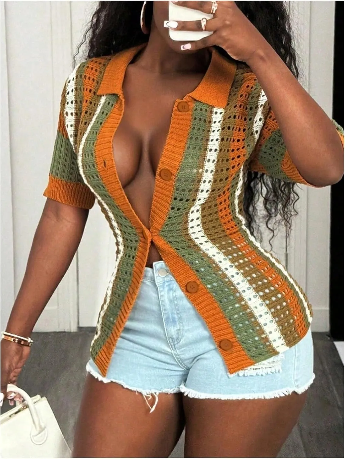 GORGLITTER Women's Crochet Short Sleeve Tops Dressy Color Block Striped Button Up Summer Lightweight Cardigan Sweater