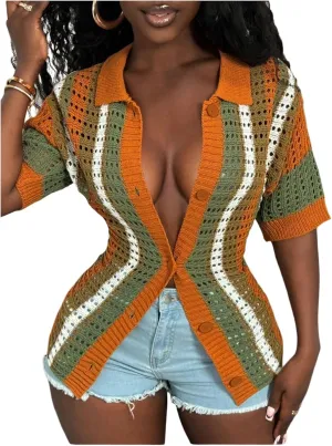 GORGLITTER Women's Crochet Short Sleeve Tops Dressy Color Block Striped Button Up Summer Lightweight Cardigan Sweater