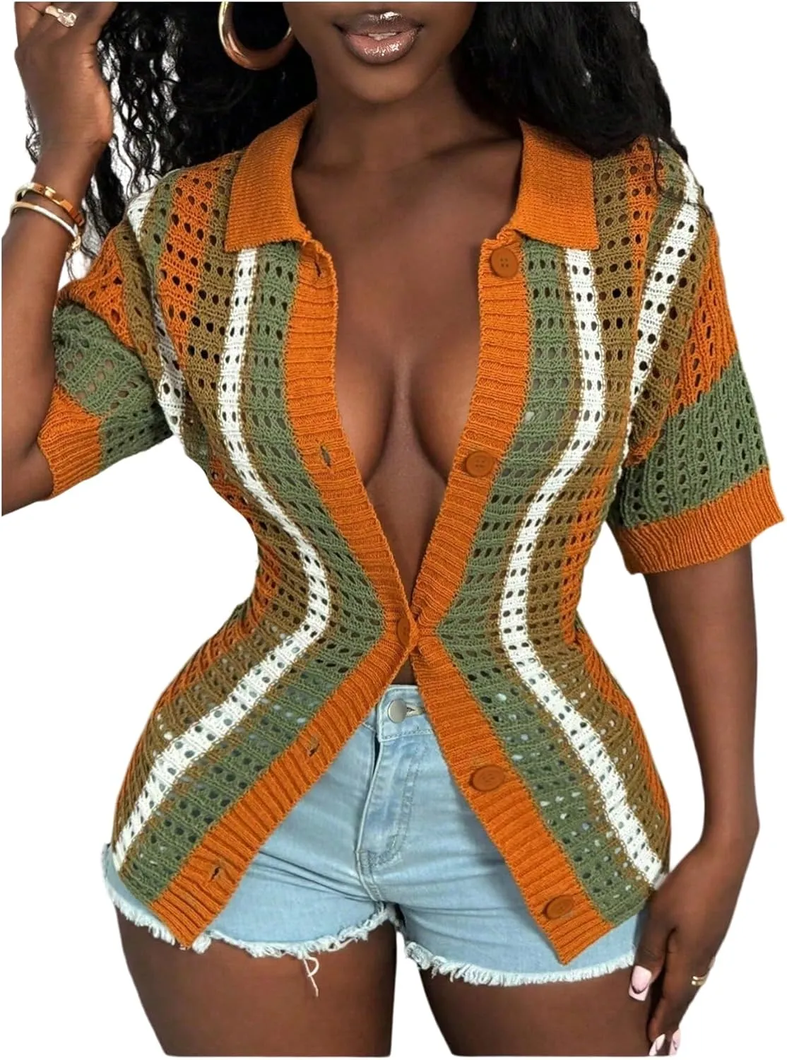 GORGLITTER Women's Crochet Short Sleeve Tops Dressy Color Block Striped Button Up Summer Lightweight Cardigan Sweater