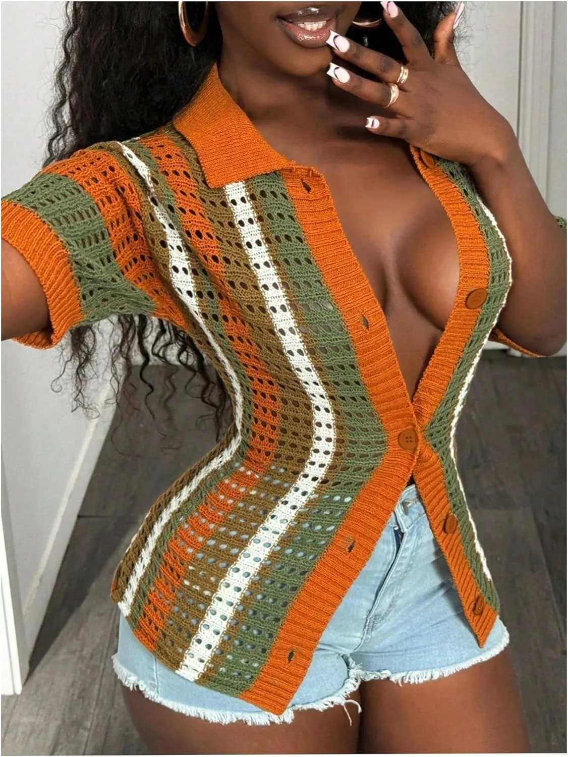 GORGLITTER Women's Crochet Short Sleeve Tops Dressy Color Block Striped Button Up Summer Lightweight Cardigan Sweater