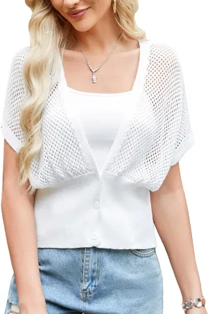 GRACE KARIN 2025 Women Short Sleeve Crochet Cardigan Summer Draped V-Neck Bolero Shrug Sweater Hollow Out Beach Cover Up