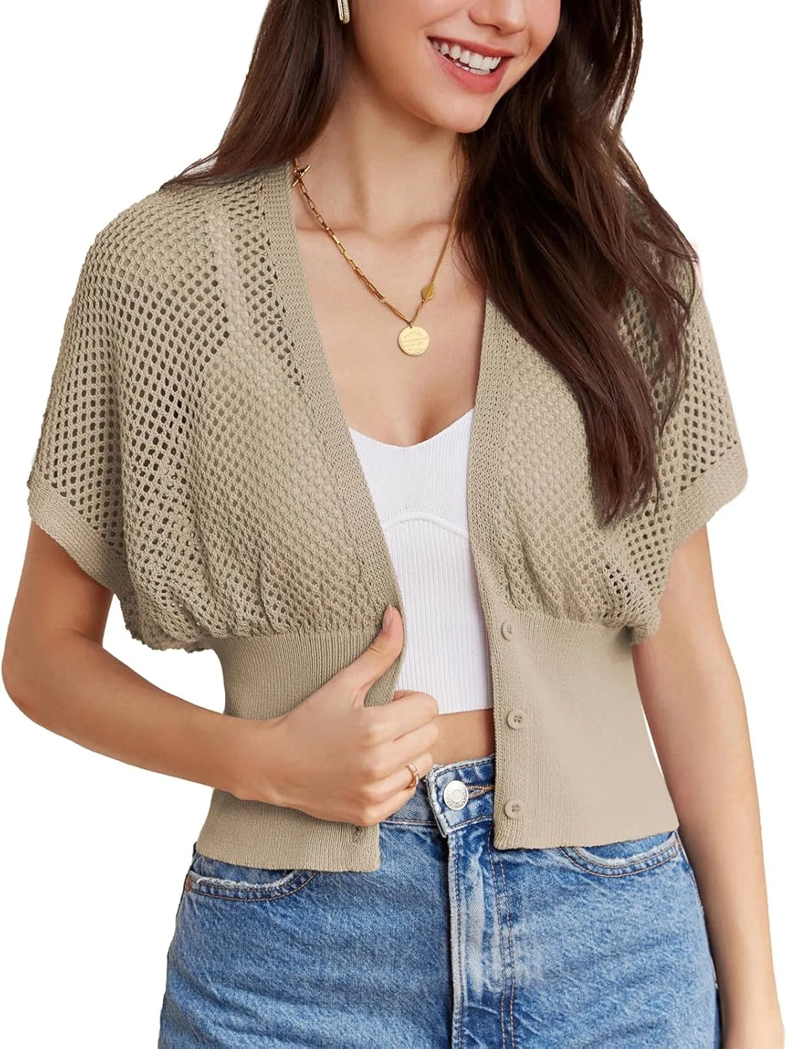 GRACE KARIN 2025 Women Short Sleeve Crochet Cardigan Summer Draped V-Neck Bolero Shrug Sweater Hollow Out Beach Cover Up