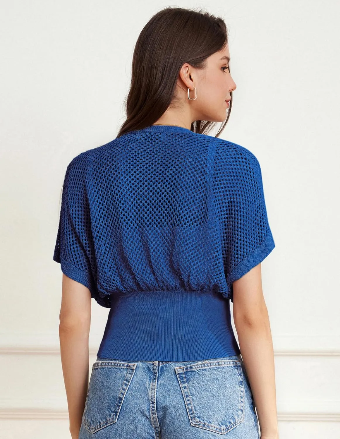 GRACE KARIN 2025 Women Short Sleeve Crochet Cardigan Summer Draped V-Neck Bolero Shrug Sweater Hollow Out Beach Cover Up