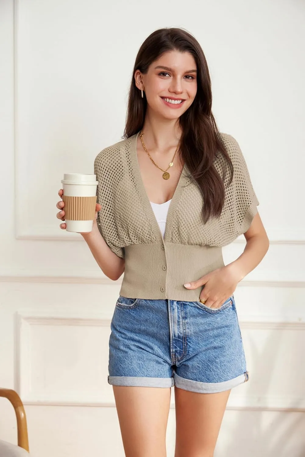 GRACE KARIN 2025 Women Short Sleeve Crochet Cardigan Summer Draped V-Neck Bolero Shrug Sweater Hollow Out Beach Cover Up
