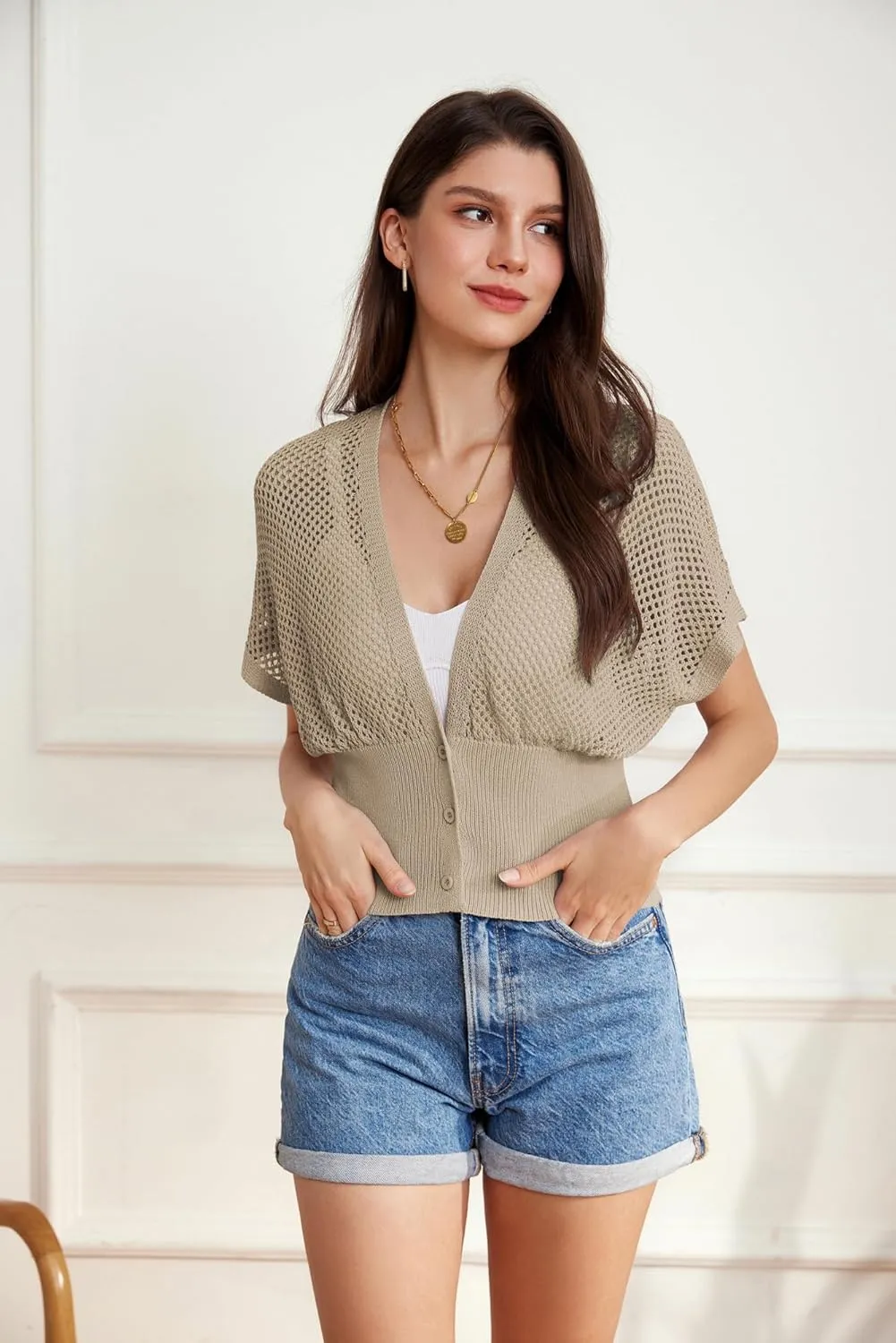 GRACE KARIN 2025 Women Short Sleeve Crochet Cardigan Summer Draped V-Neck Bolero Shrug Sweater Hollow Out Beach Cover Up
