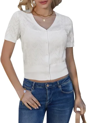 GRACE KARIN Womens Short Sleeve 2024 Cropped Cardigans Button Down Boleros Sweaters Lightweight Hollowed-Out Knit Shrugs