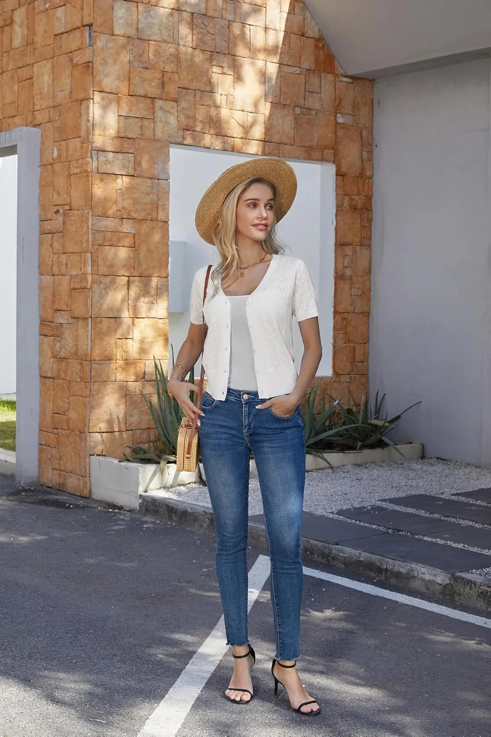 GRACE KARIN Womens Short Sleeve 2024 Cropped Cardigans Button Down Boleros Sweaters Lightweight Hollowed-Out Knit Shrugs