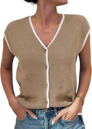 GRACE KARIN Womens Sweater Vest 2025 Summer Casual V Neck Cap Sleeve Button Down Sleeveless Knit Top