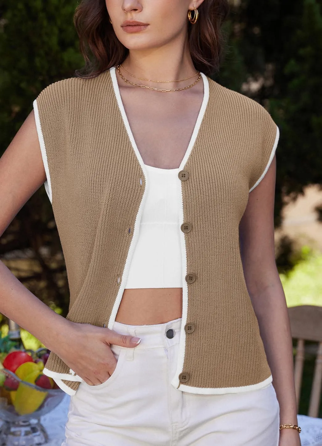GRACE KARIN Womens Sweater Vest 2025 Summer Casual V Neck Cap Sleeve Button Down Sleeveless Knit Top
