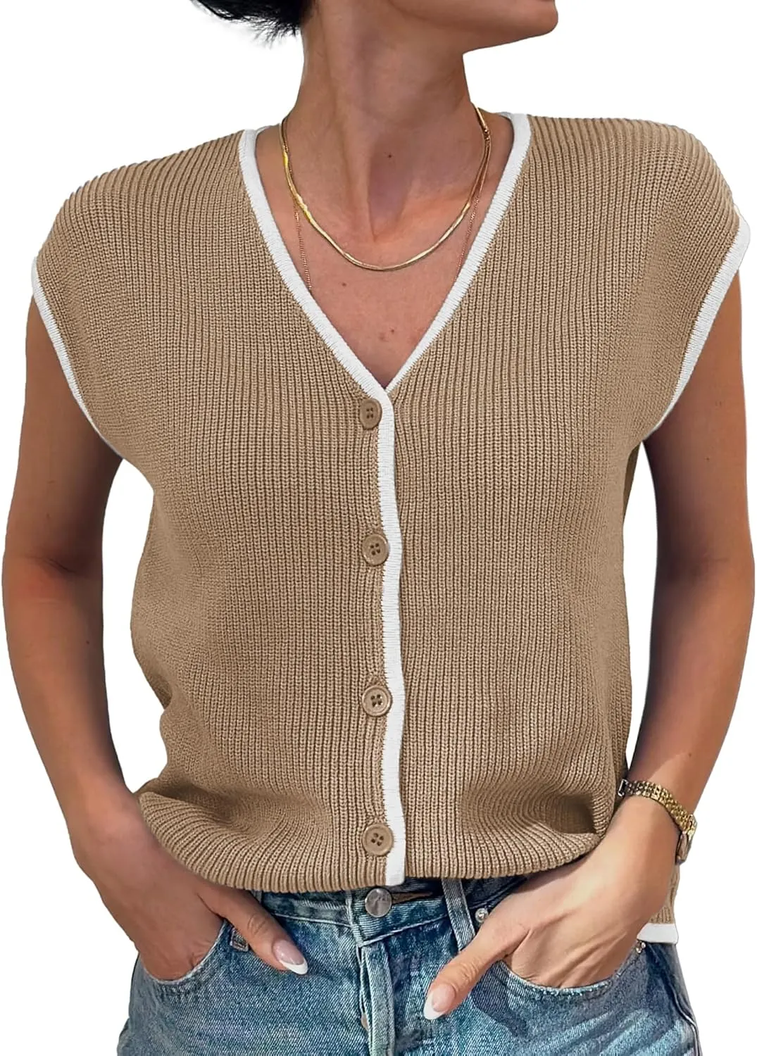 GRACE KARIN Womens Sweater Vest 2025 Summer Casual V Neck Cap Sleeve Button Down Sleeveless Knit Top