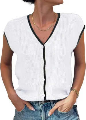 GRACE KARIN Womens Sweater Vest 2025 Summer Casual V Neck Cap Sleeve Button Down Sleeveless Knit Top