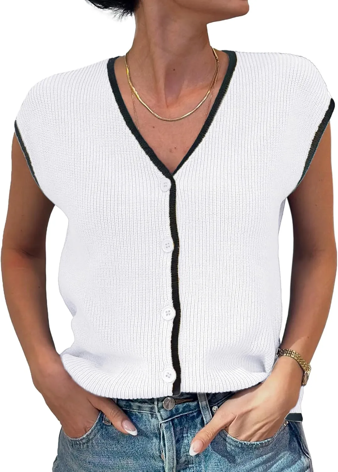 GRACE KARIN Womens Sweater Vest 2025 Summer Casual V Neck Cap Sleeve Button Down Sleeveless Knit Top