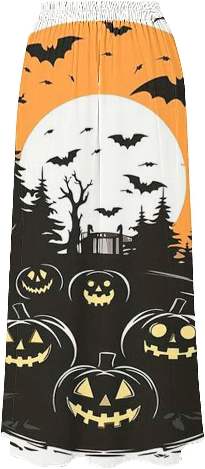 Halloween Tutu Skirt High Waist Party Beach Pocket Long Maxi Skirt Halloween bat Pattern Womens Summer Skirts Tulle
